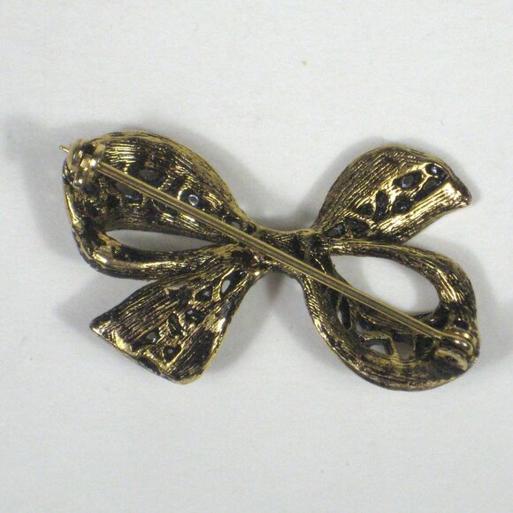Bow Jewelry Brooch Pin 1 Inch Metal Goldtone Womens Black Ribbon - Picture 4 of 5